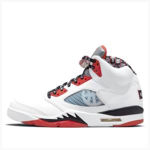 Air Jordan 5 Barbati Nike Retro Quai 54 Ghete Baschet Albi Rosii Argintii | JD-021AR